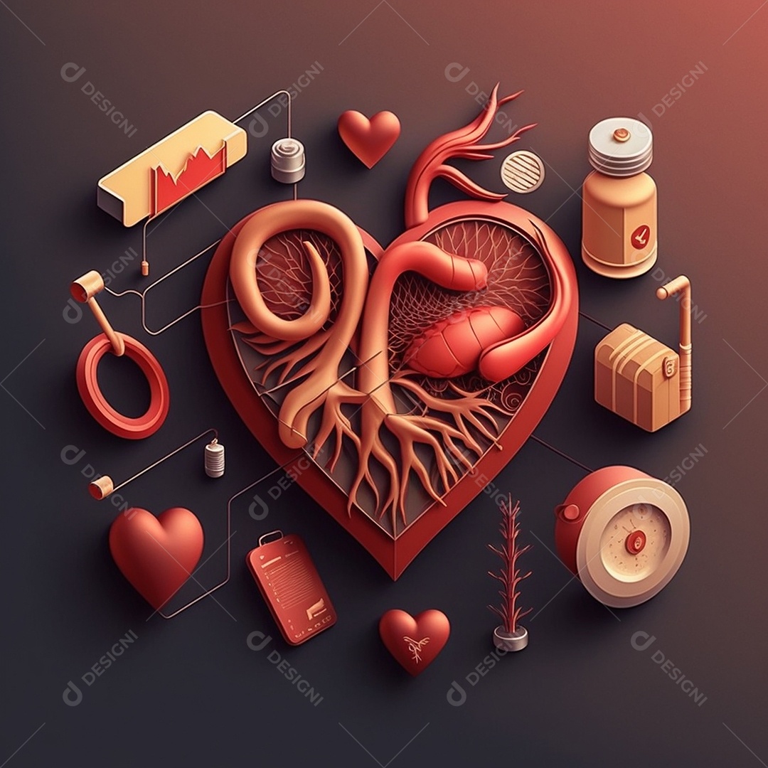 Conceito de cuidado do coração. Ilustração estilizada abstrata. Anatomia e fisiologia cardíaca. Órgão artificial. Dia mundial do coração. Medicina preventiva