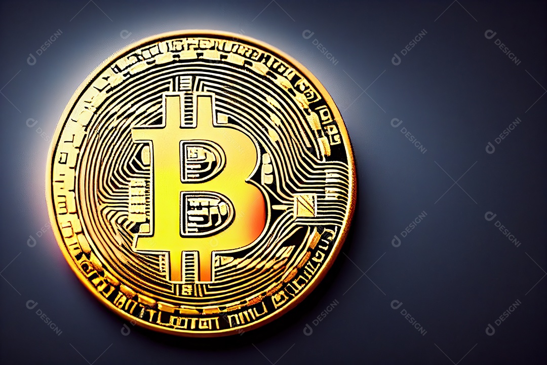 Conceito de abundância de criptomoeda Bitcoin com moeda de ouro na mesa