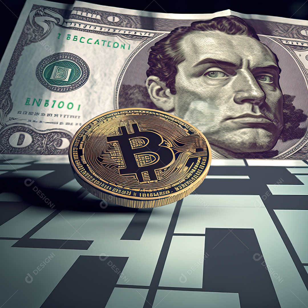 Conceito de criptomoeda bitcoin lutando com o dólar dentro de um ringue de luta em busca de mais valorização