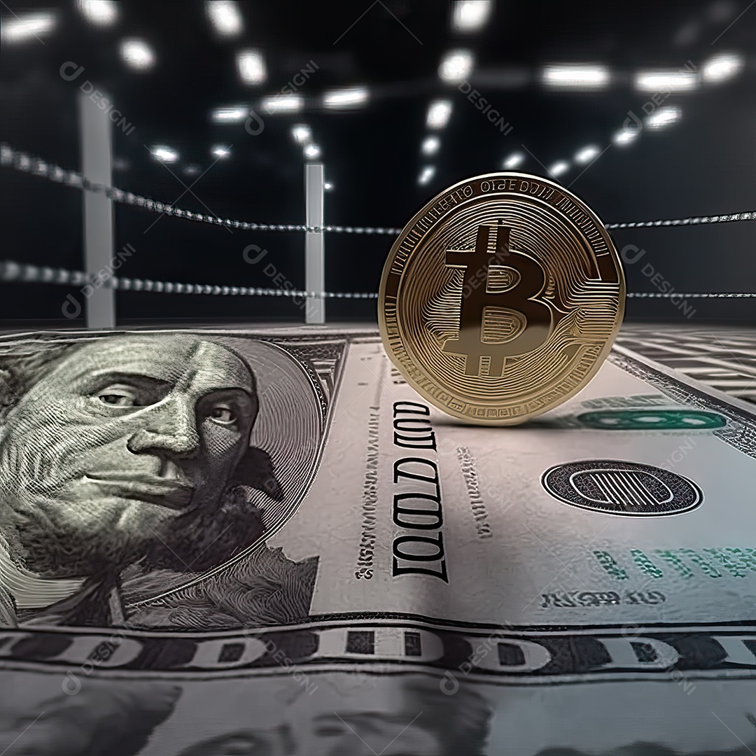 Conceito de criptomoeda bitcoin lutando com o dólar dentro de um ringue de luta em busca de mais valorização
