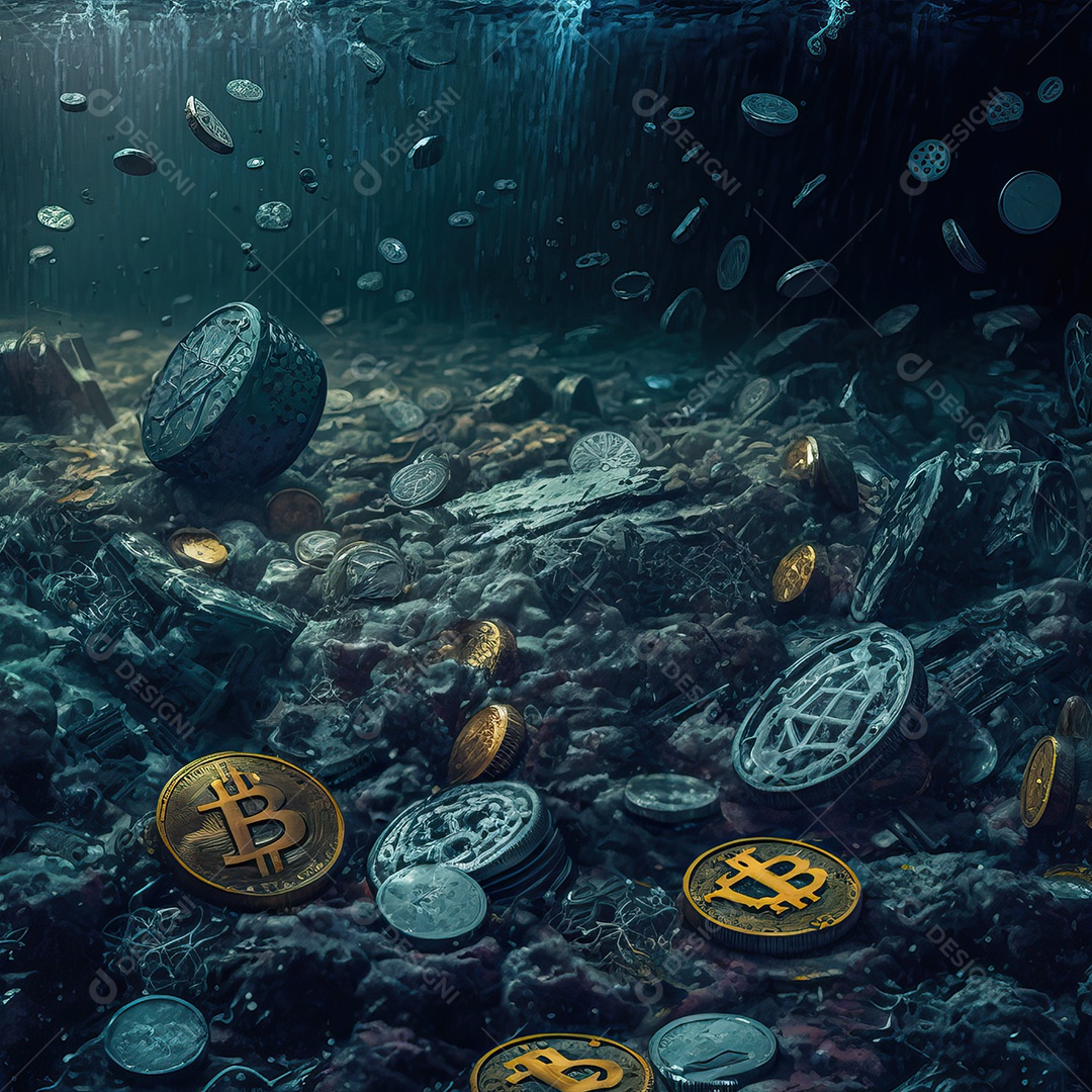 Conceito de queda e desvalorização da criptomoeda Bitcoin abandonada sob o mar nas profundezas do oceano