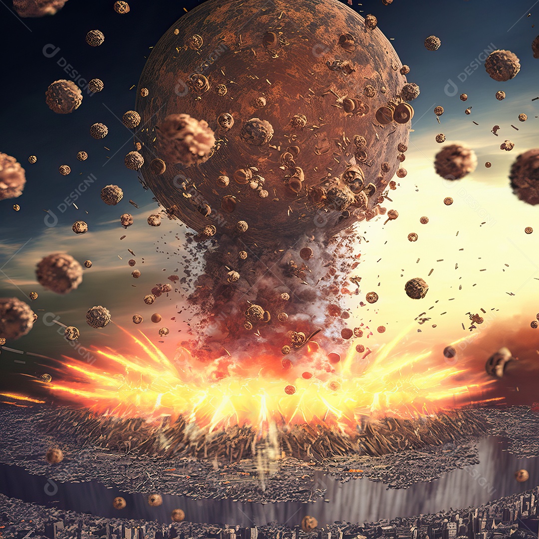 Conceito de criptomoeda Bitcoin se espalhando e explodindo como bomba nuclear e destruindo o mundo e o planeta Terra