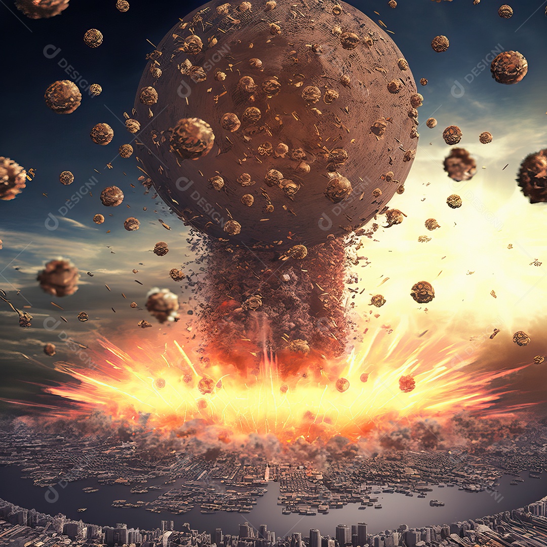 Conceito de criptomoeda Bitcoin se espalhando e explodindo como bomba nuclear e destruindo o mundo e o planeta Terra