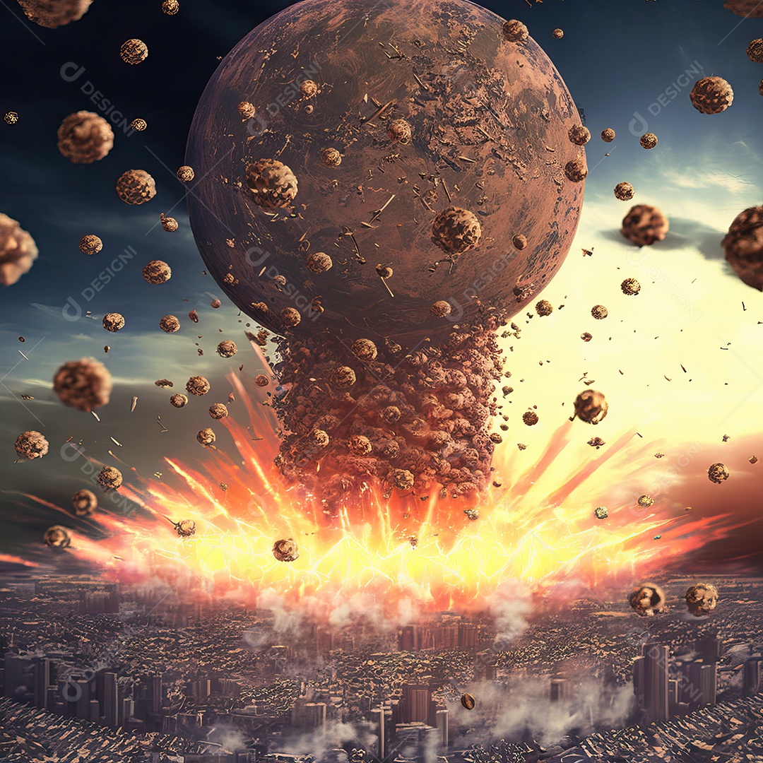 Conceito de criptomoeda Bitcoin se espalhando e explodindo como bomba nuclear e destruindo o mundo e o planeta Terra