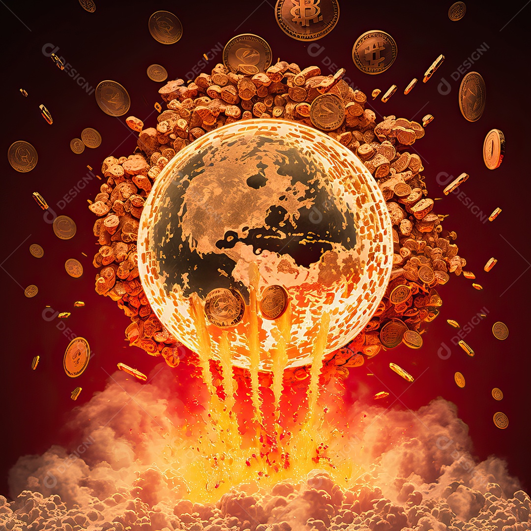 Conceito de criptomoeda Bitcoin se espalhando e explodindo como bomba nuclear e destruindo o mundo e o planeta Terra