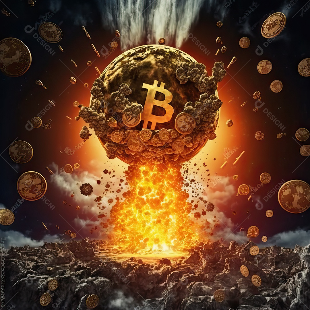 Conceito de criptomoeda Bitcoin se espalhando e explodindo como bomba nuclear e destruindo o mundo e o planeta Terra
