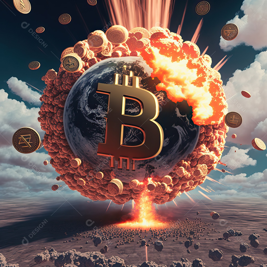 Conceito de criptomoeda Bitcoin se espalhando e explodindo como bomba nuclear e destruindo o mundo e o planeta Terra