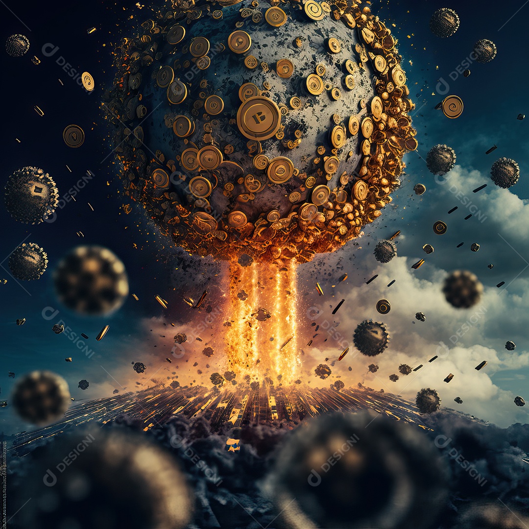 Conceito de criptomoeda Bitcoin se espalhando e explodindo como bomba nuclear e destruindo o mundo e o planeta Terra