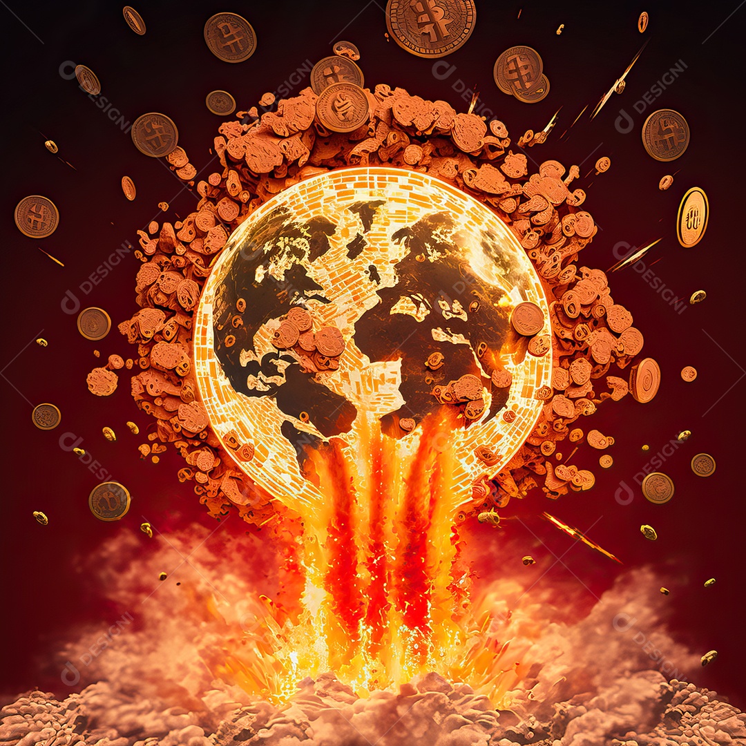 Conceito de criptomoeda Bitcoin se espalhando e explodindo como bomba nuclear e destruindo o mundo e o planeta Terra