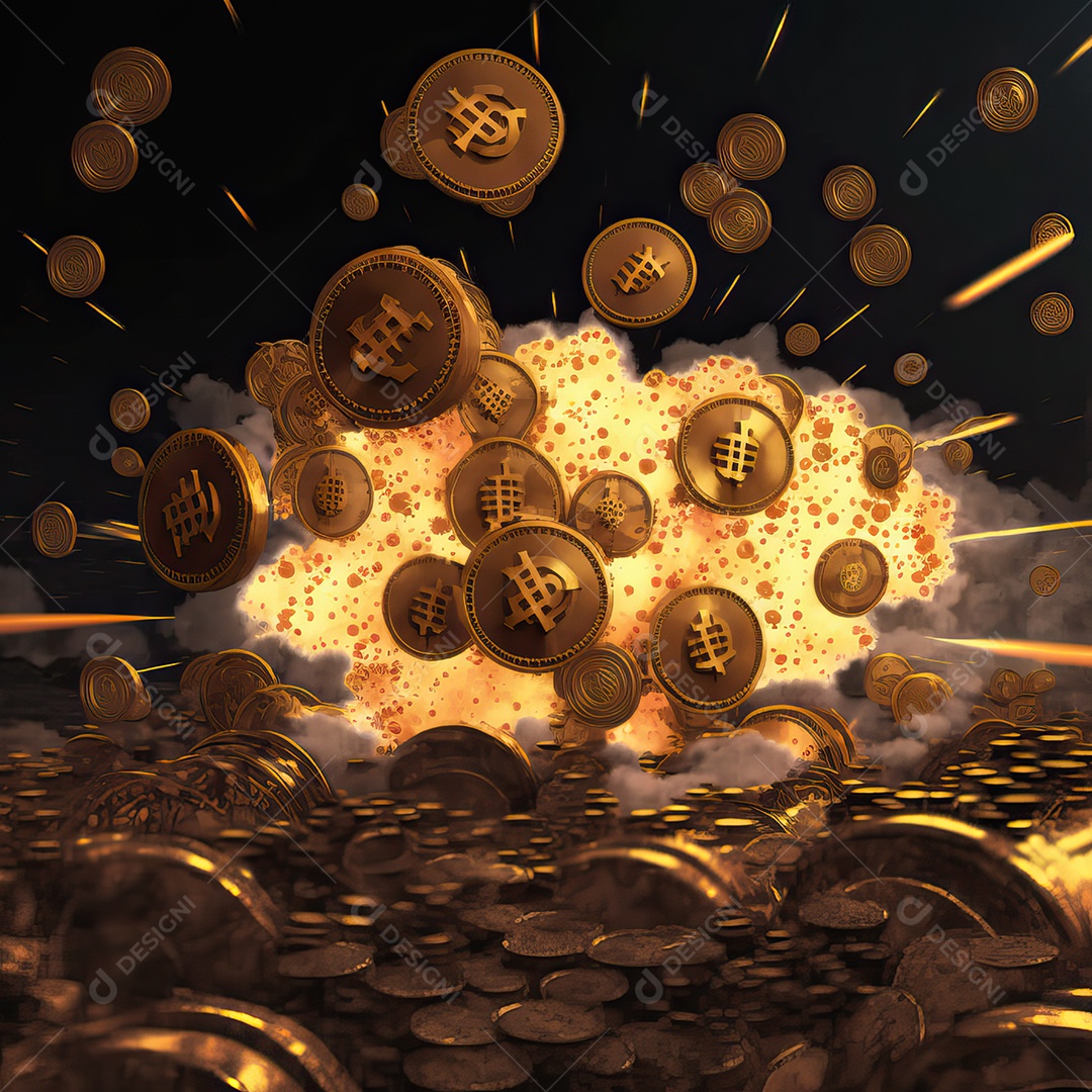 Conceito de criptomoeda Bitcoin se espalhando e explodindo como bomba nuclear e destruindo o mundo e o planeta Terra