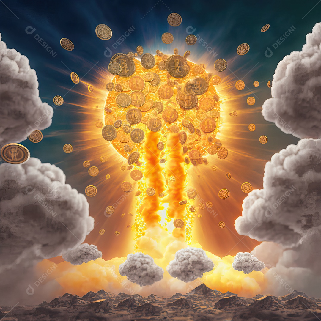 Conceito de criptomoeda Bitcoin se espalhando e explodindo como bomba nuclear e destruindo o mundo e o planeta Terra