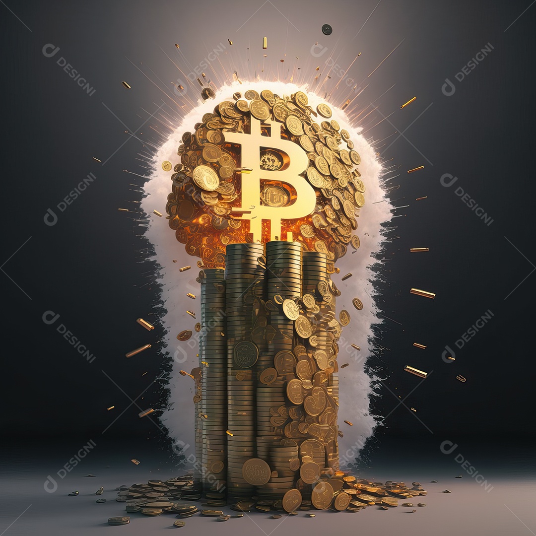 Conceito de criptomoeda Bitcoin se espalhando e explodindo como bomba nuclear e destruindo o mundo e o planeta Terra