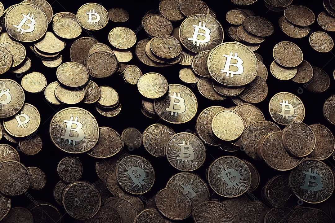 O conceito de abundância de criptomoeda Bitcoin com várias moedas de ouro cobre a mesa