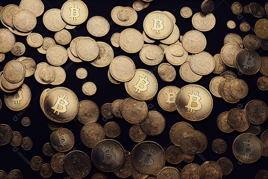 O conceito de abundância de criptomoeda Bitcoin com várias moedas de ouro cobre a mesa