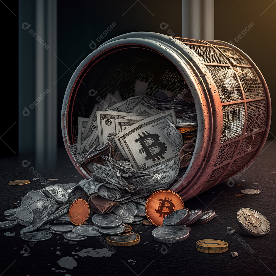 Conceito de queda e desvalorização da criptomoeda Bitcoin em lata de lixo abandonada