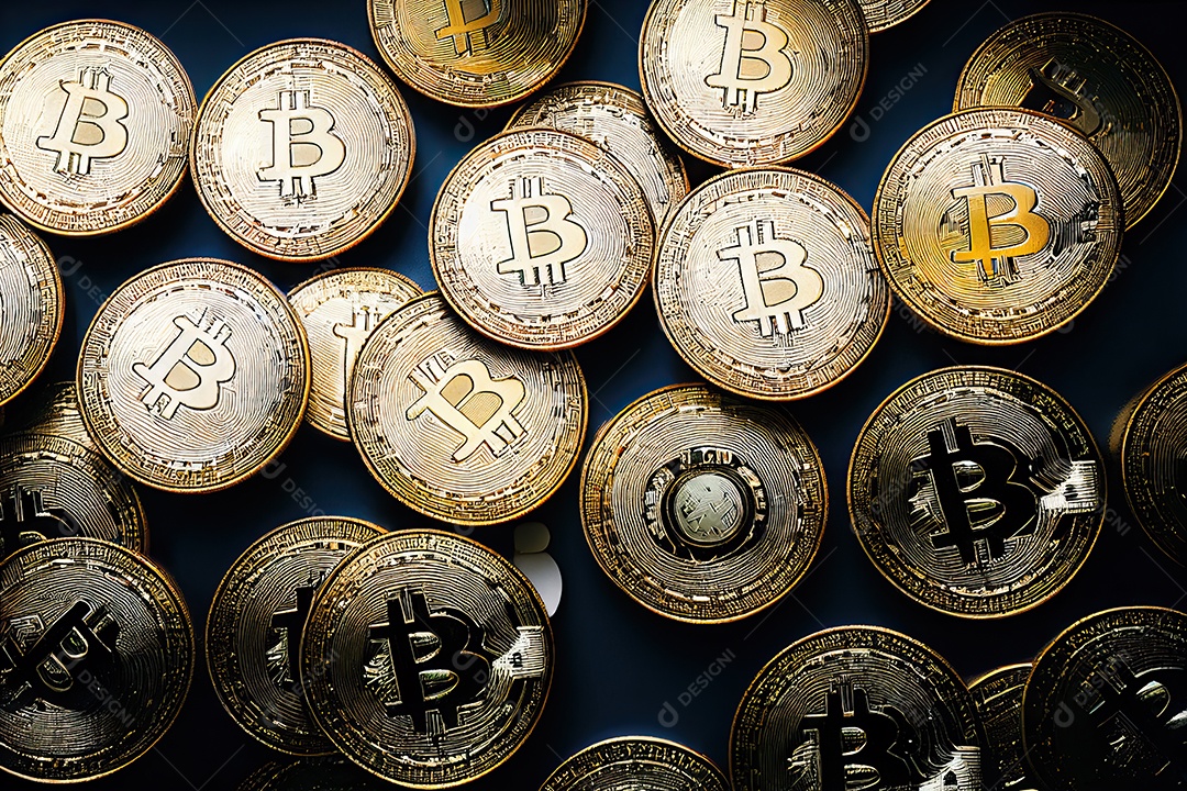 O conceito de abundância de criptomoeda Bitcoin com várias moedas de ouro cobre a mesa