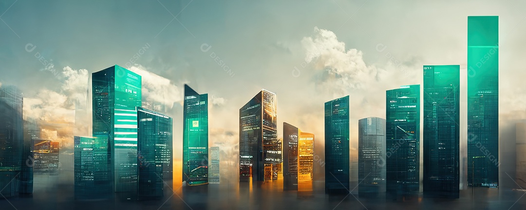 Painel temático e conceitual de economia com diversos prédios de grande porte formando uma grande metrópole financeira