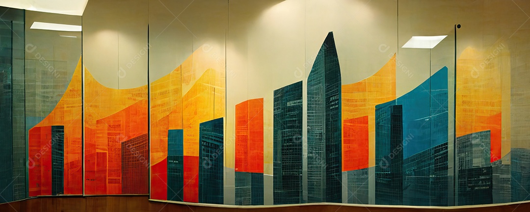 Painel temático e conceitual de economia com diversos prédios de grande porte formando uma grande metrópole financeira