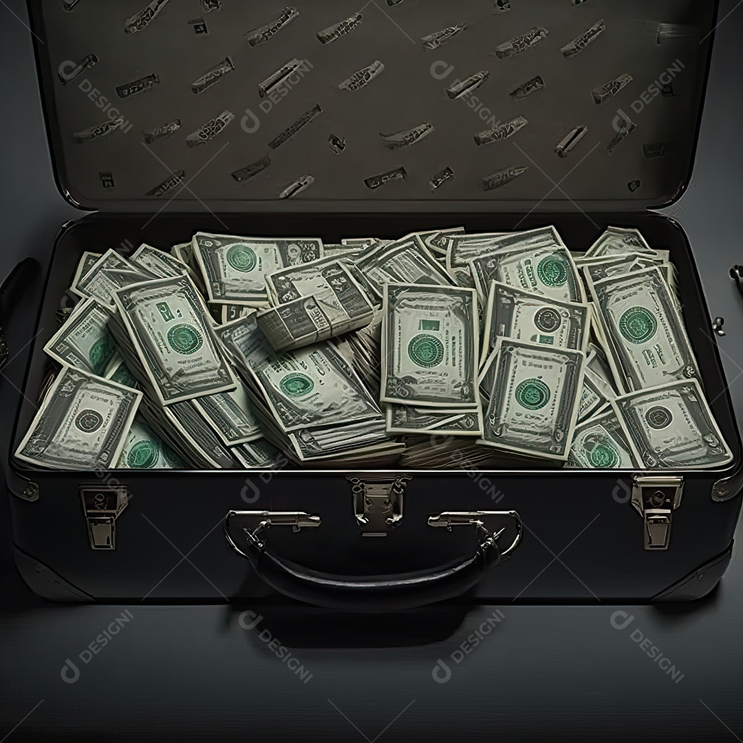 Uma mala executiva aberta cheia de dinheiro transbordando com várias notas de dólar