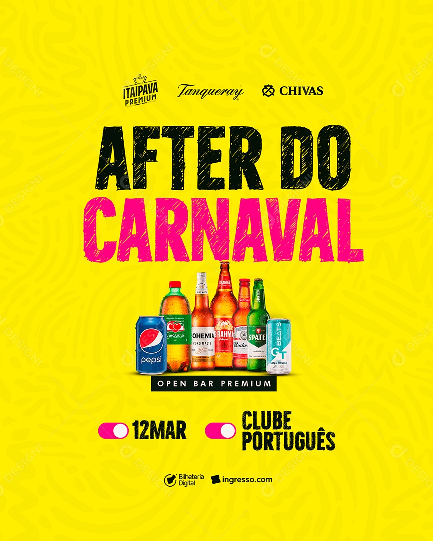 After Do Carnaval Open Bar Premium Pepsi Guaraná Bohemia Brahma Budweiser Spaten GT Beats Flyer Social Media PSD Editável