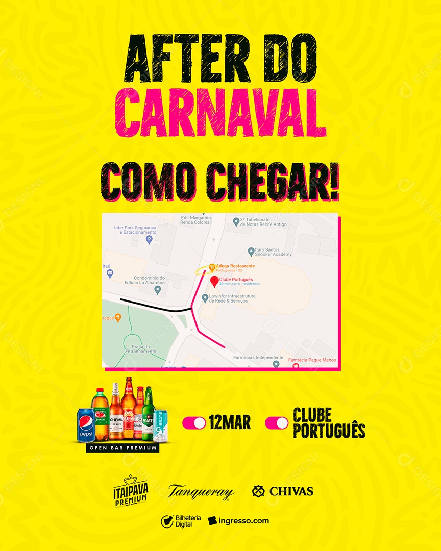 After Do Carnaval Como Chegar Clube Português Flyer Social Media PSD Editável