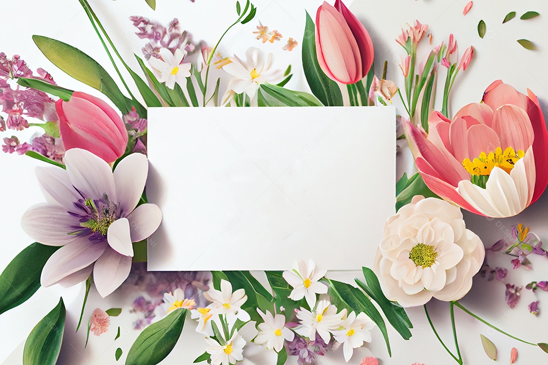 Moldura branca com arranjo de flores