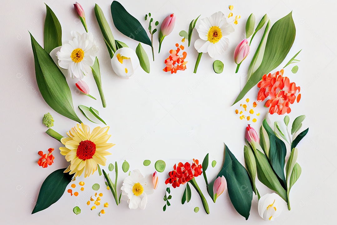 Moldura branca com arranjo de flores