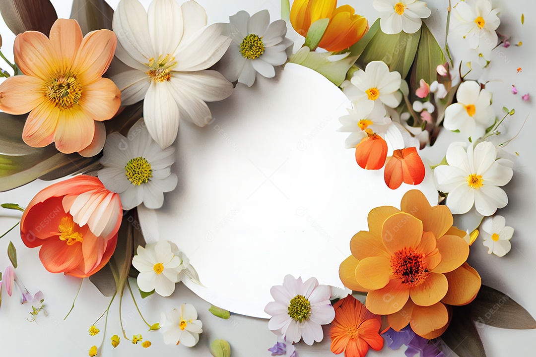 Moldura branca com arranjo de flores