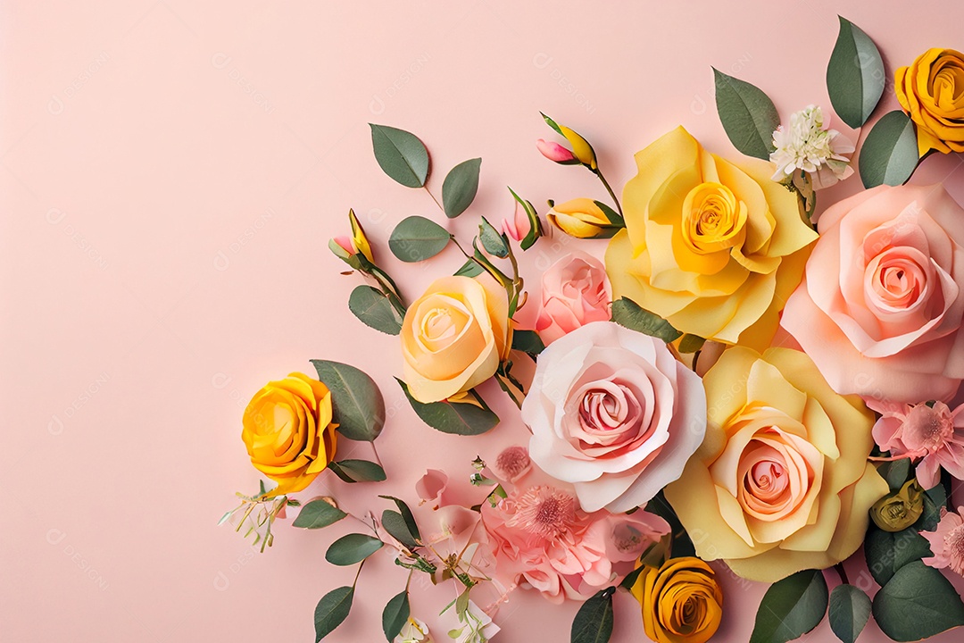 Arranjo de flores em fundo rosa