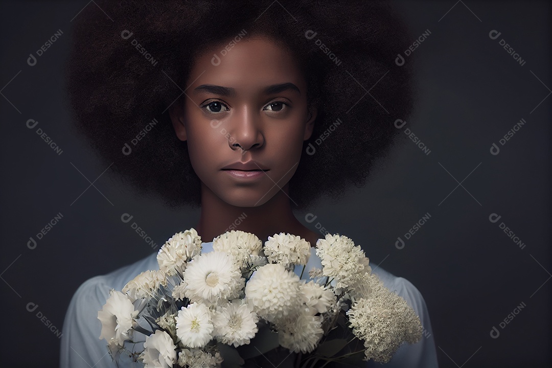 Linda mulher negra com buquê de flores brancas