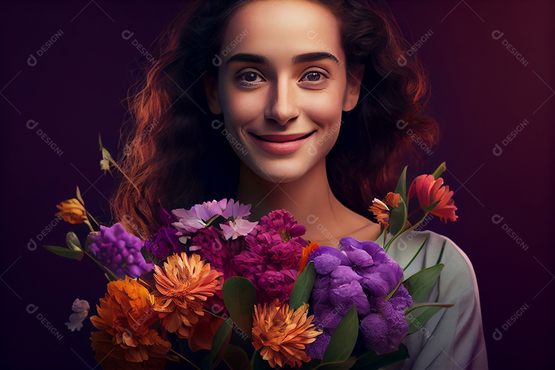 Linda mulher sorridente com buquê de flores rosas