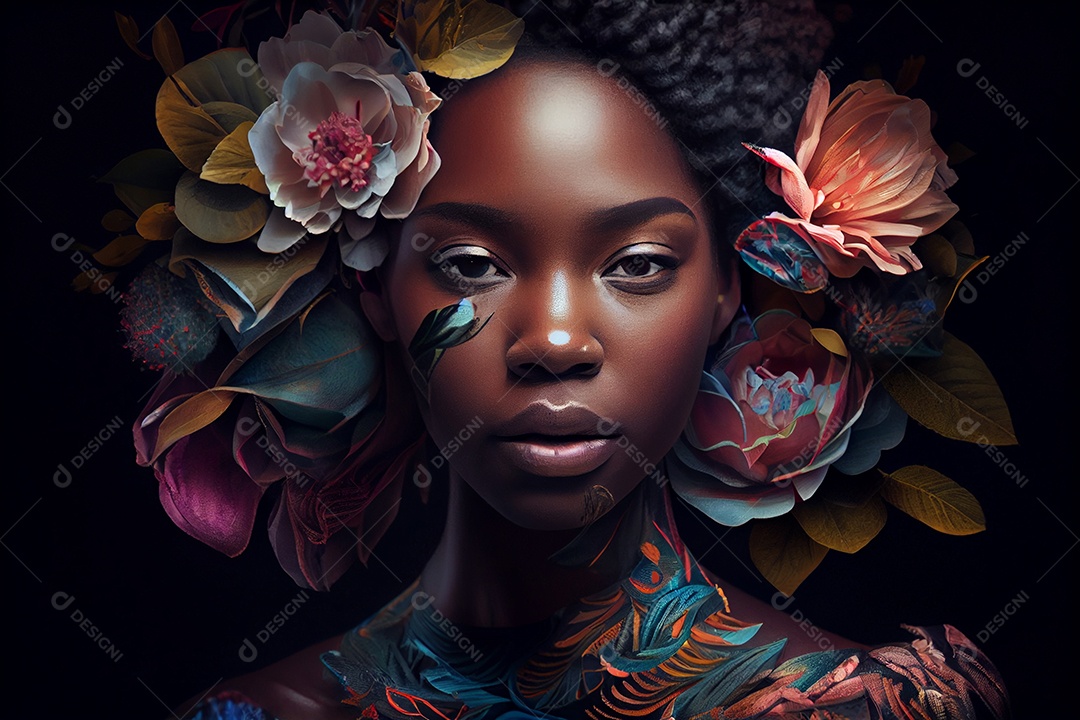 Linda mulher negra com flores no cabelo