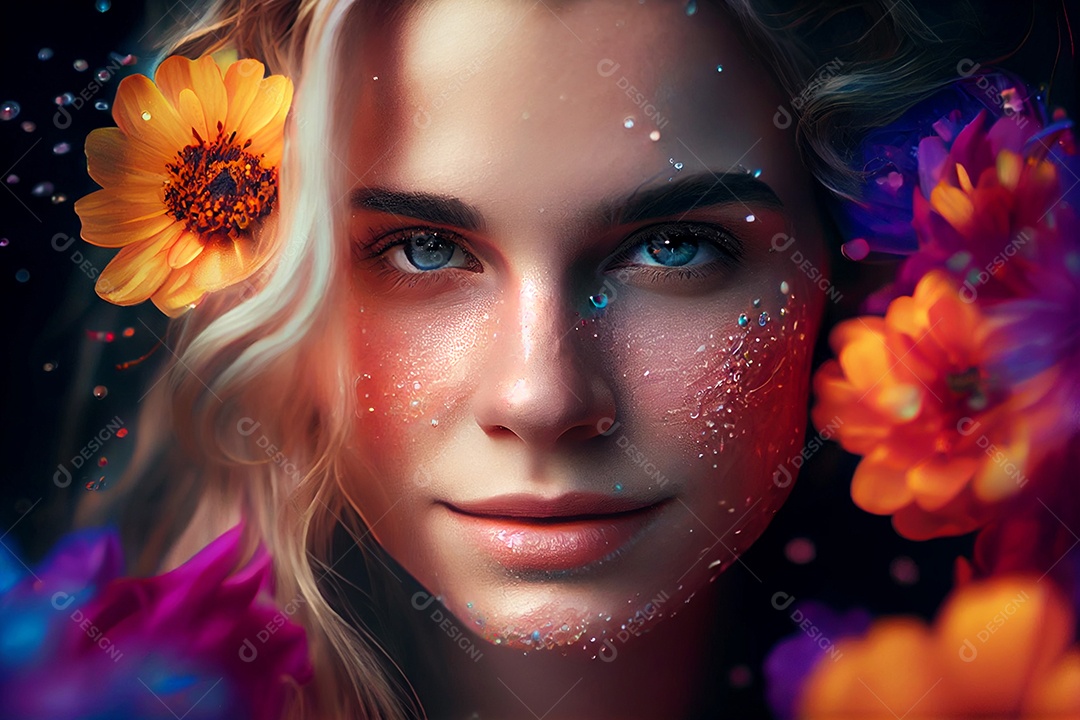 Linda mulher com flores coloridas no cabelo