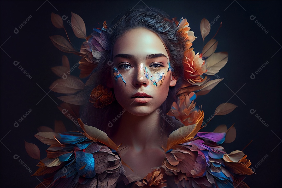 Linda mulher com flores coloridas no cabelo