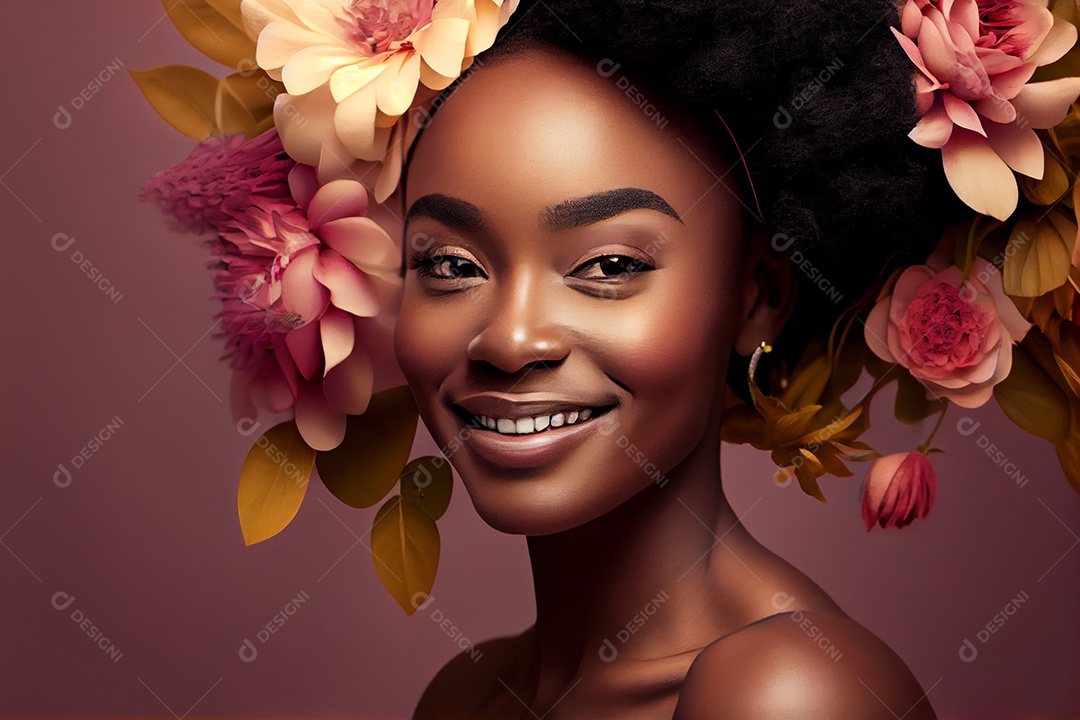 Mulher negra sorridente em meio as flores