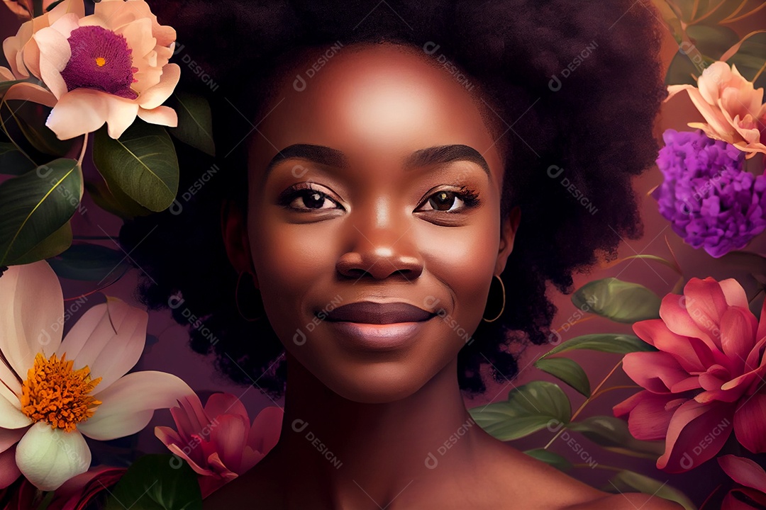 Mulher negra sorridente em meio as flores