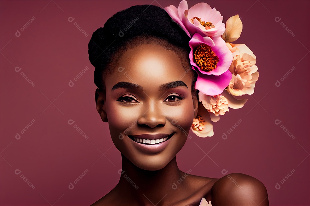 Mulher negra sorridente em meio as flores