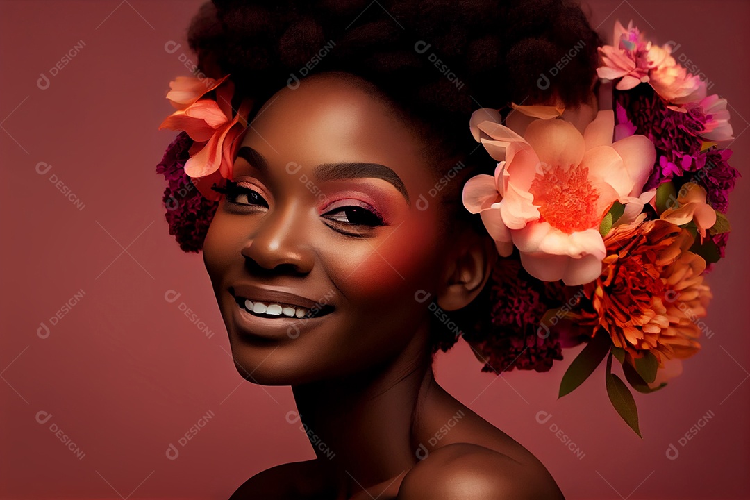 Mulher negra sorridente em meio as flores