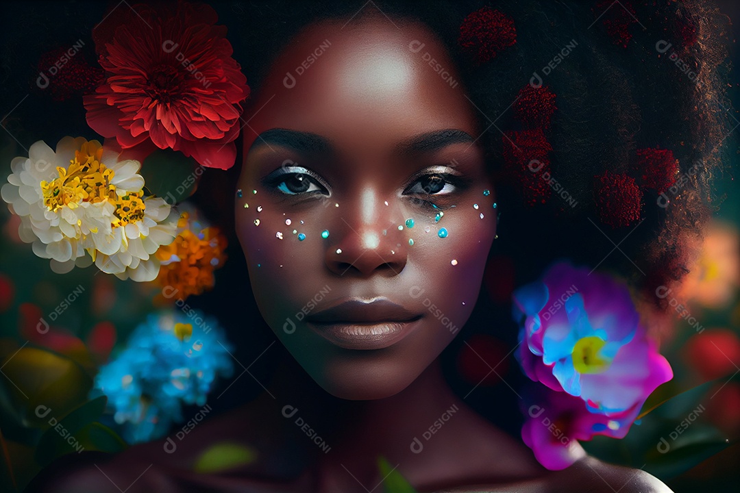 Linda mulher negra com flores coloridas
