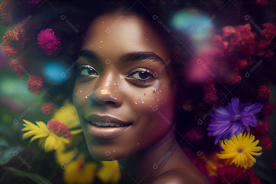 Linda mulher negra com flores coloridas