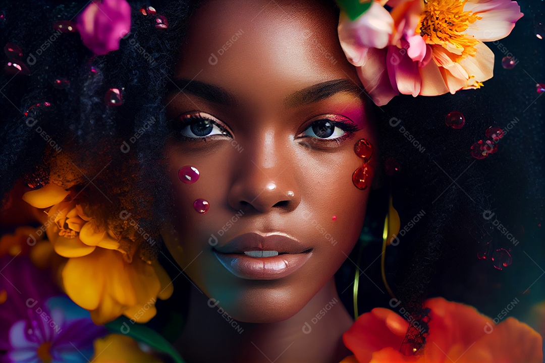 Linda mulher negra com flores coloridas