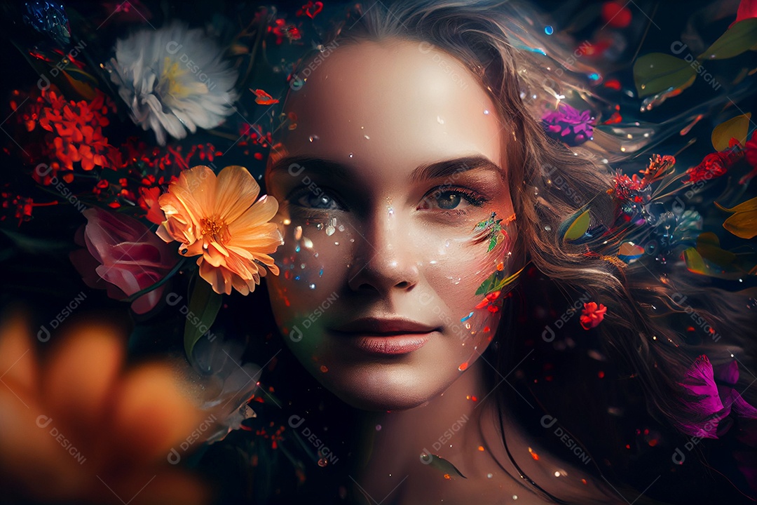 Linda mulher morena em flores coloridas