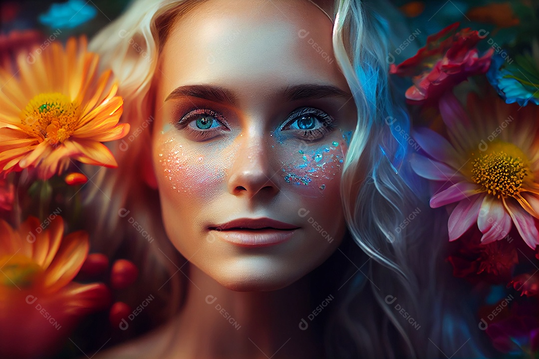 Linda mulher loira em flores coloridas