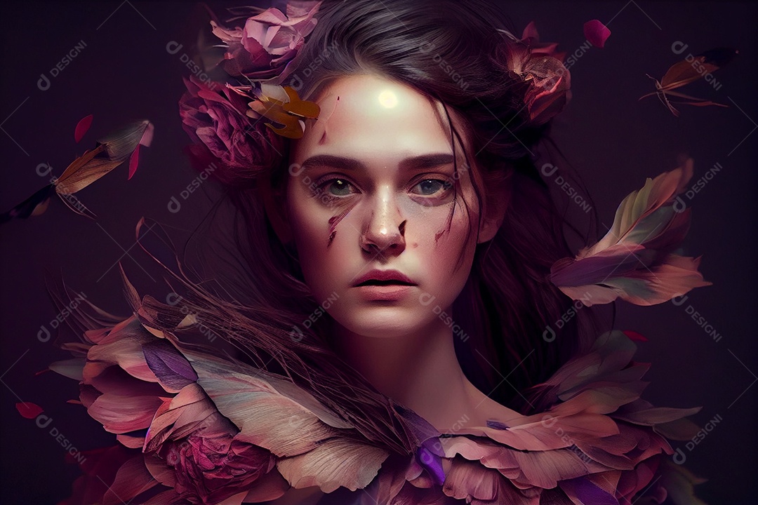 Linda mulher morena em flores coloridas