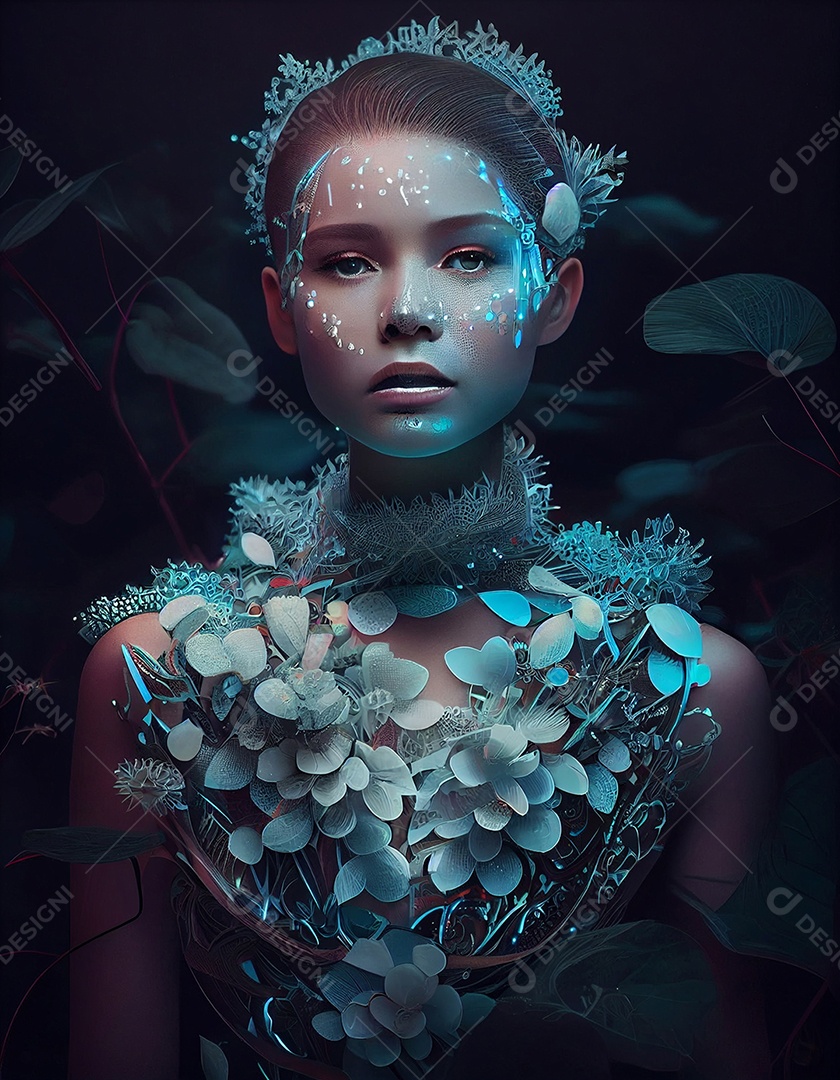 Linda menina mágica com flores brancas