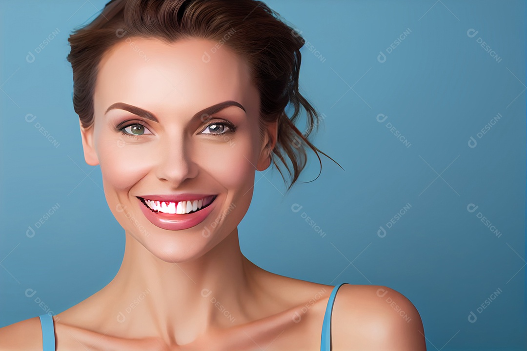 Linda mulher sorridente em fundo azul