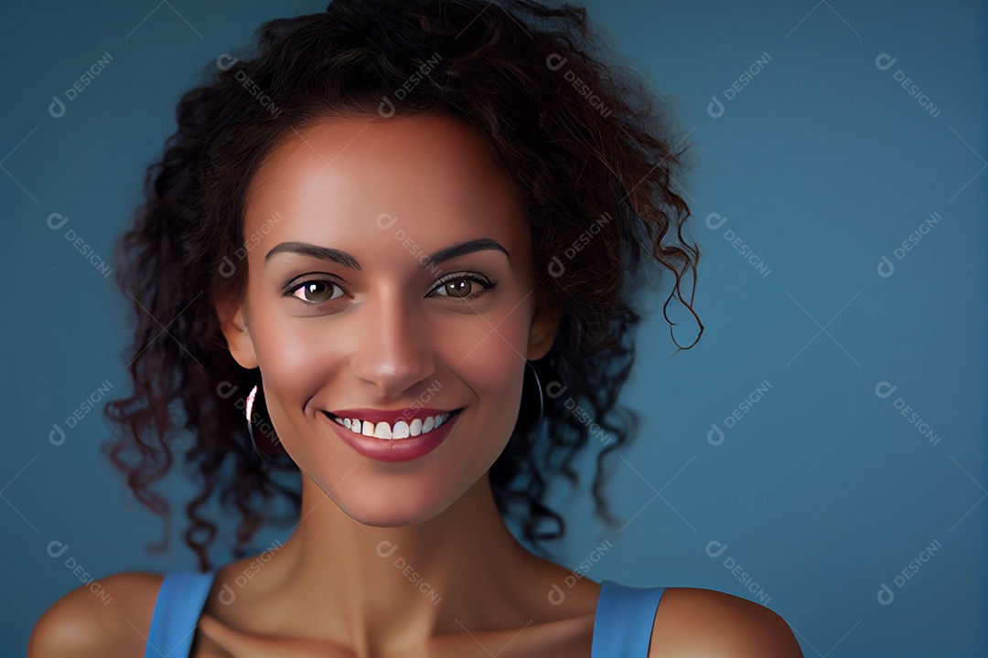 Linda mulher sorridente em fundo azul