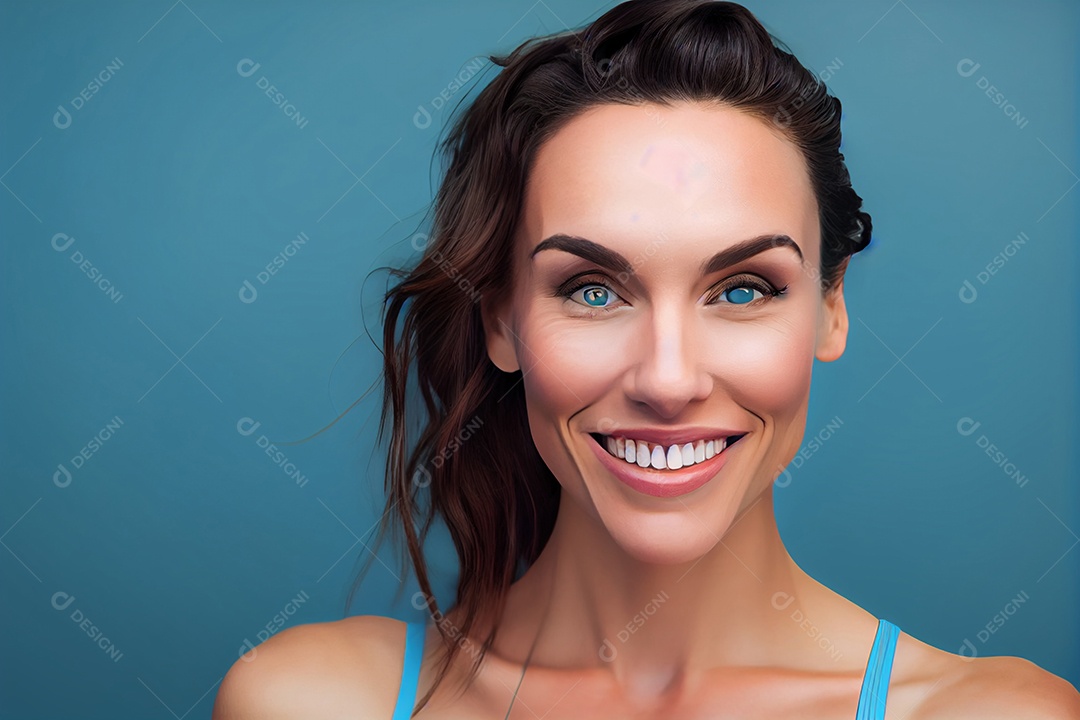 Linda mulher sorridente em fundo azul
