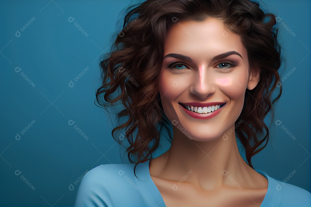 Linda mulher sorridente em fundo azul