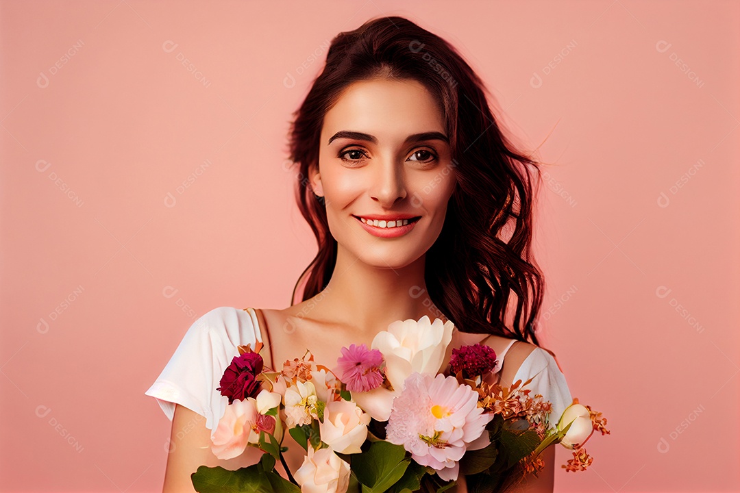 Linda mulher sorridente com buquê de flores